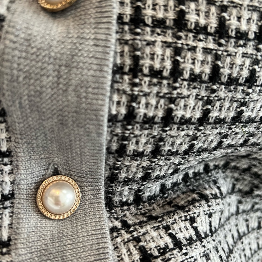 Merino Wool Cardigan by Talbots in Black, White and Grey Mini Plaid - Picture 9 of 11